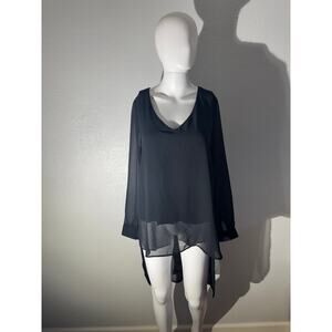 BLACK TAPE Sheer Black High-Low Long Sleeve Tunic Blouse | Size M